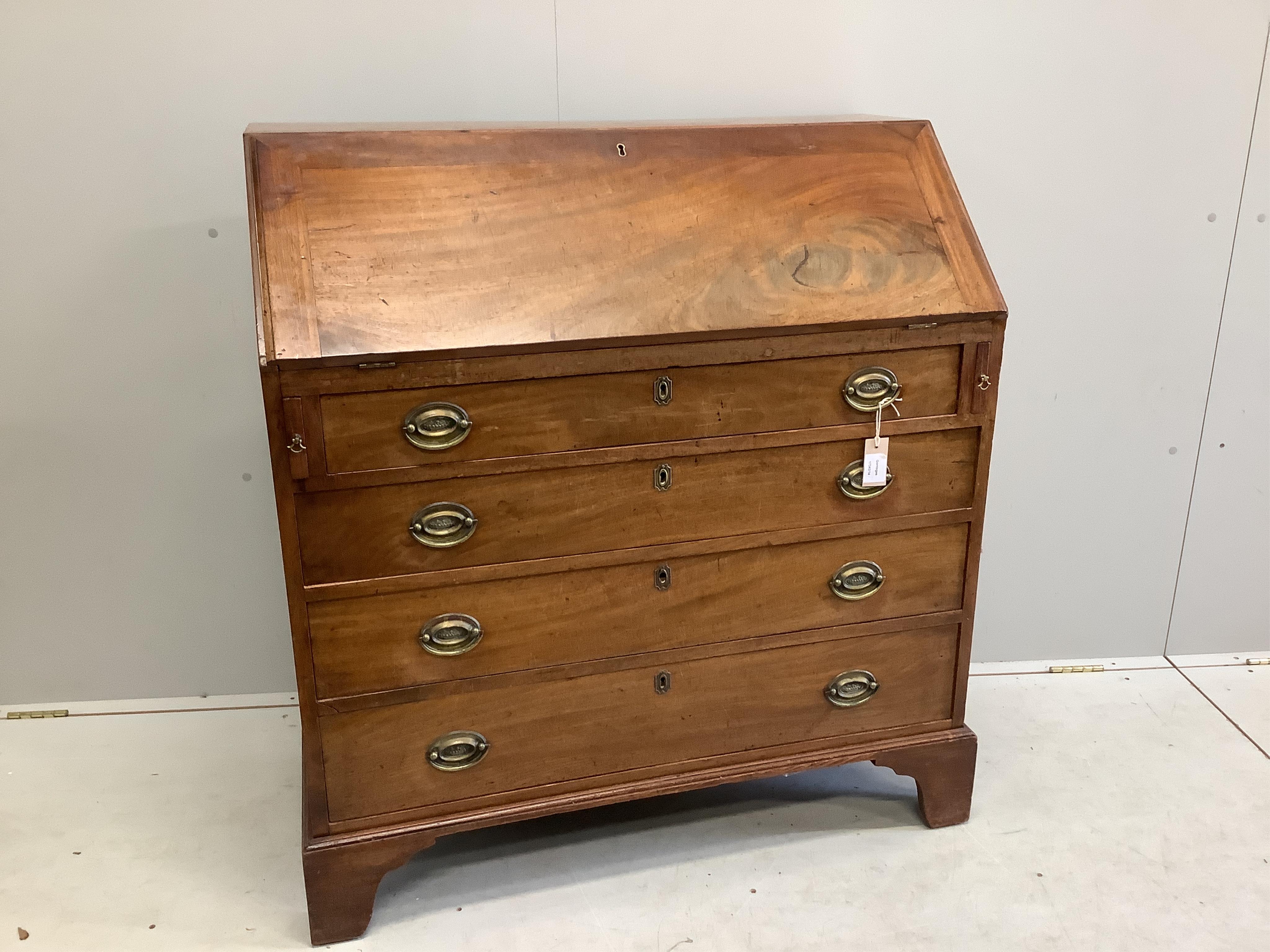 A George III mahogany bureau, width 98cm, depth 52cm, height 107cm. Condition - poor to fair